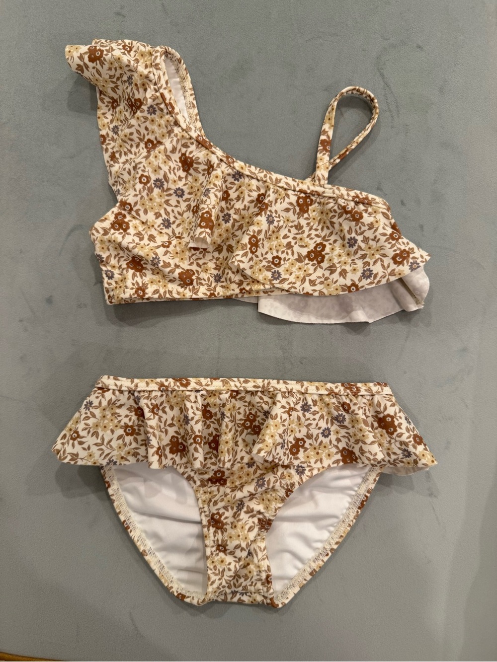 Kids Floral Ruffle Bikini Set in Cream and Brown - One-Shoulder Style
